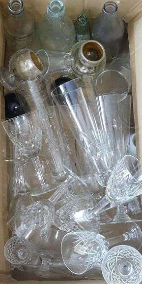 CRYSTAL STEMWARE, ANTIQUE BOTTLES, ETC.