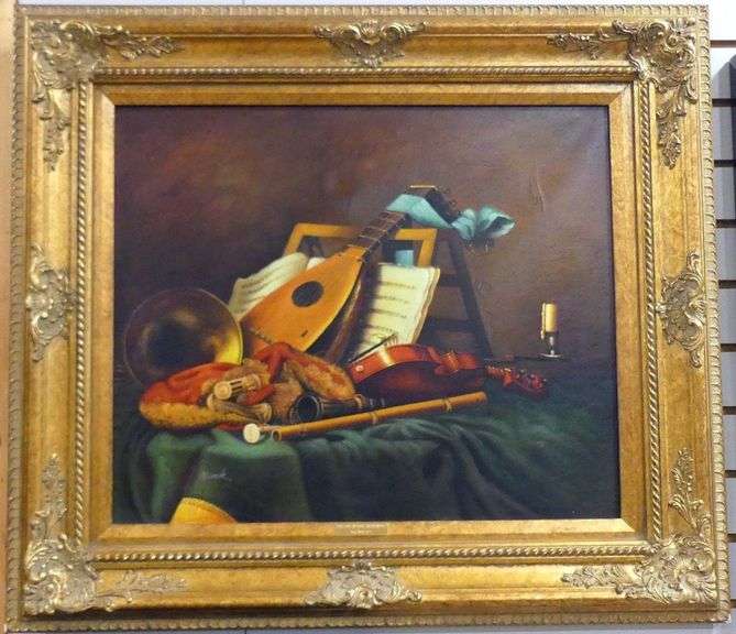 FRAMED "MUSICAL INSTRUMENTS" OIL PAINTING