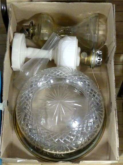 BOX AND BIN OF OIL LAMPS AND SILVER  PLATE