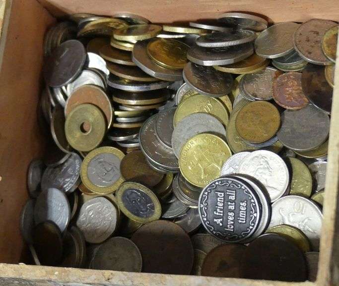 BOX OF COINS AND TOKENS