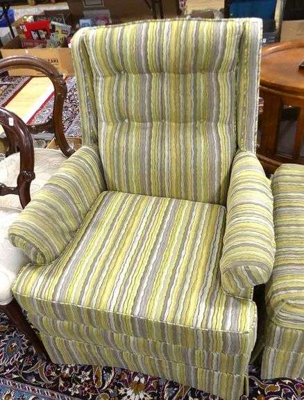 PAIR OF BARRYMORE ARMCHAIRS WITH OTTOMAN