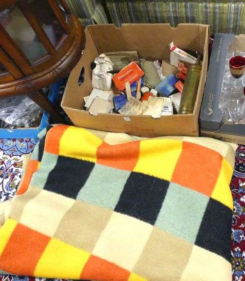 BOX LOT OF FIRST-AID, FIRE EXTINGUISHER AND BLANKET