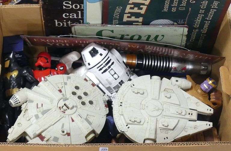 BOX LOT OF TOYS AND SIGNS