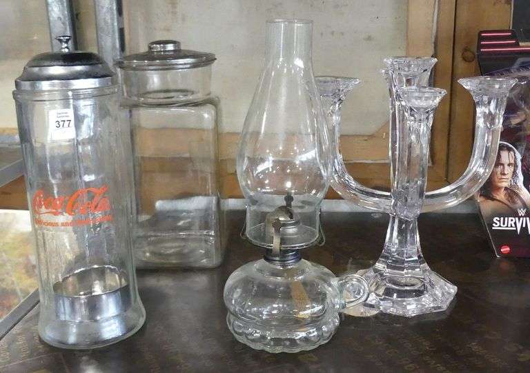 TWO JARS, OIL LAMP AND CANDELABRUM