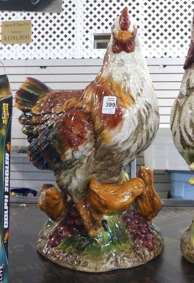 LARGE POTTERY HEN AND ROOSTER FIGURINES