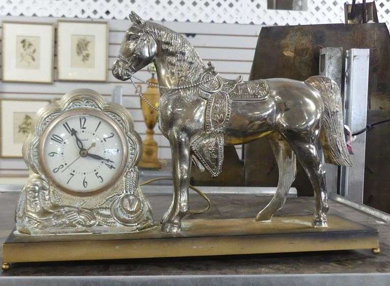 TWO CLOCKS AND BRASS "HORSE" SCULPTURE