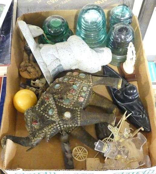 BOX LOT OF FIGURINES, INSULATORS, ETC.
