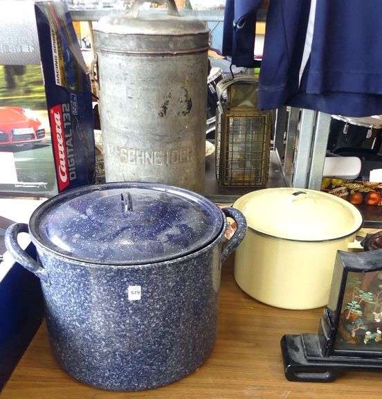 TWO LARGE ENAMEL POTS AND CREAM CAN