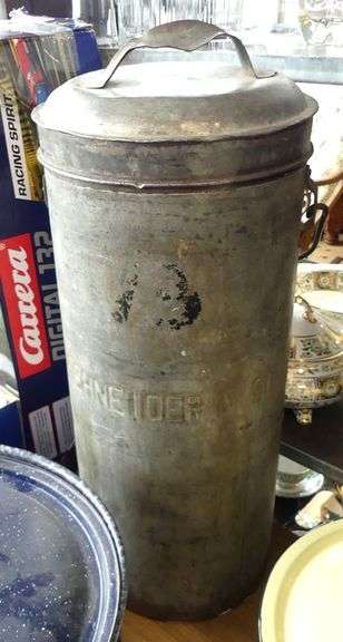 TWO LARGE ENAMEL POTS AND CREAM CAN