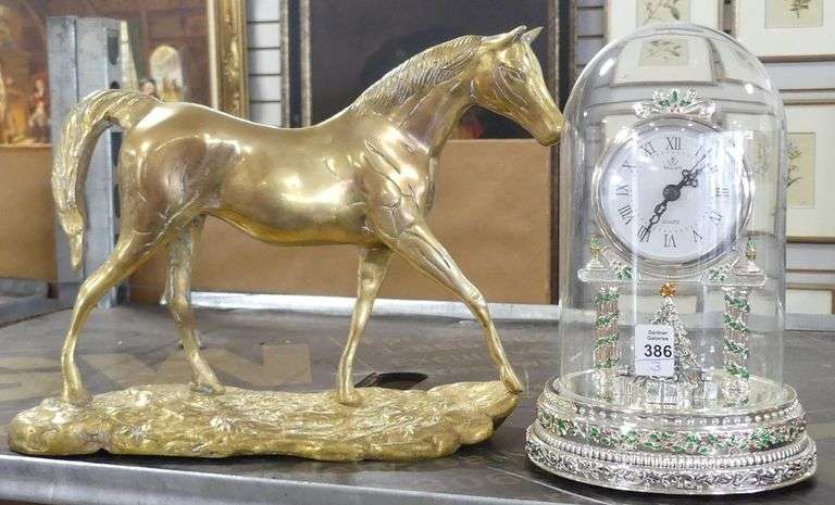 TWO CLOCKS AND BRASS "HORSE" SCULPTURE