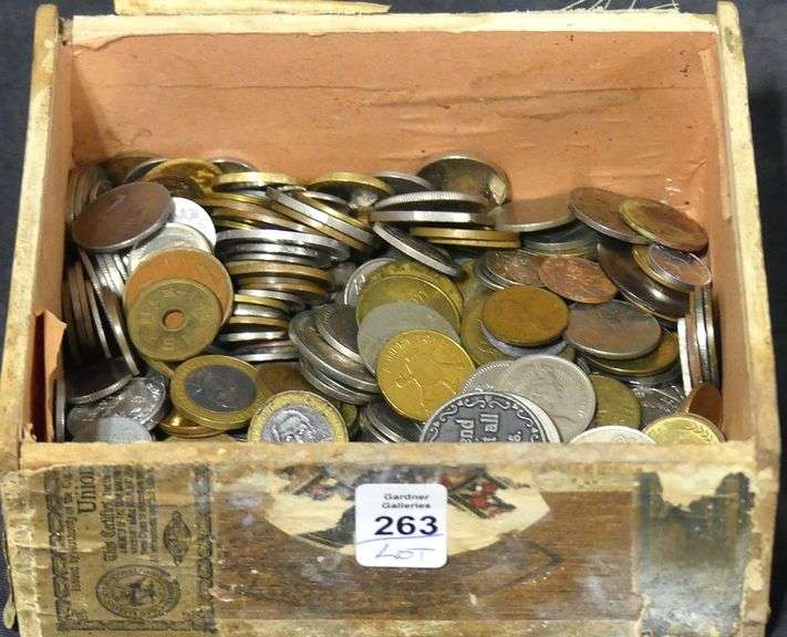BOX OF COINS AND TOKENS