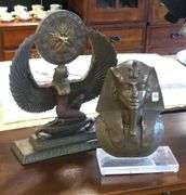 BRONZE "KING TUT" BUST AND RESIN "ISIS" CLOCK
