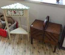 PAINTED STAND TABLE AND ACCORDION SEWING BOX