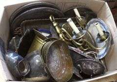 BOX LOT OF SILVER PLATE AND BRASS