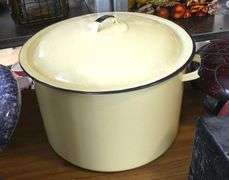 TWO LARGE ENAMEL POTS AND CREAM CAN