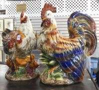 LARGE POTTERY HEN AND ROOSTER FIGURINES