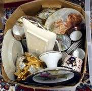 BOX AND BIN OF CHINA, GLASS, GARDEN ORNAMENT, ETC.