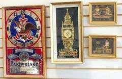 THREE WATCH PART ARTWORKS AND BAR MIRROR CLOCK