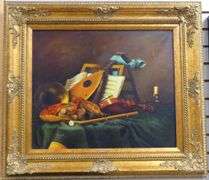 FRAMED "MUSICAL INSTRUMENTS" OIL PAINTING