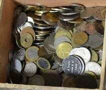 BOX OF COINS AND TOKENS