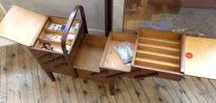 PAINTED STAND TABLE AND ACCORDION SEWING BOX