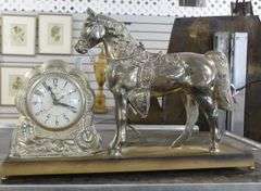 TWO CLOCKS AND BRASS "HORSE" SCULPTURE
