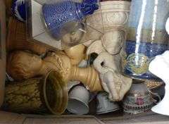 BOX LOT OF POTTERY, BUSTS, ETC.