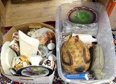 BOX AND BIN OF CHINA, GLASS, GARDEN ORNAMENT, ETC.