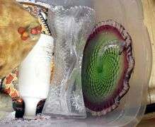 BOX AND BIN OF CHINA, GLASS, GARDEN ORNAMENT, ETC.