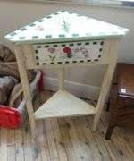 PAINTED STAND TABLE AND ACCORDION SEWING BOX