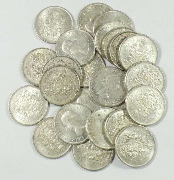 24 CANADIAN SILVER 50-CENT COINS
