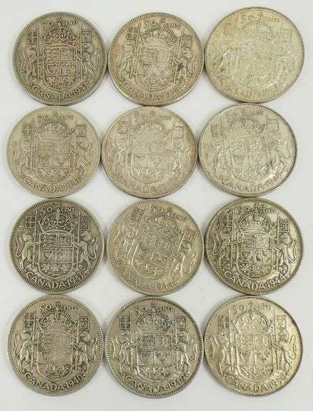 12 CANADIAN SILVER 50-CENT COINS
