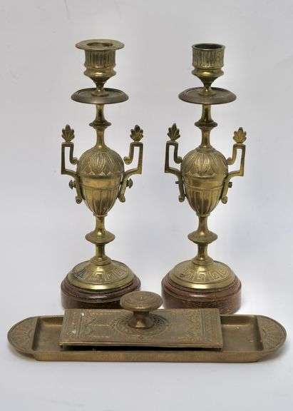 FRENCH CANDLESTICKS AND PEN STAND