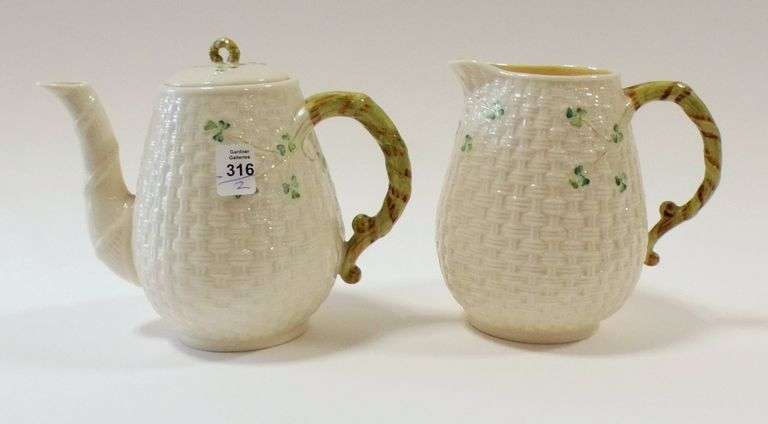 BELLEEK TEAPOT AND MILK PITCHER