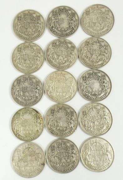 15 CANADIAN SILVER 50-CENT COINS