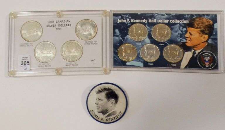 TWO SILVER COIN SETS AND NOVELTY BUTTON