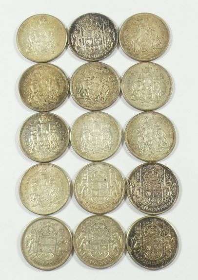 15 CANADIAN SILVER 50-CENT COINS