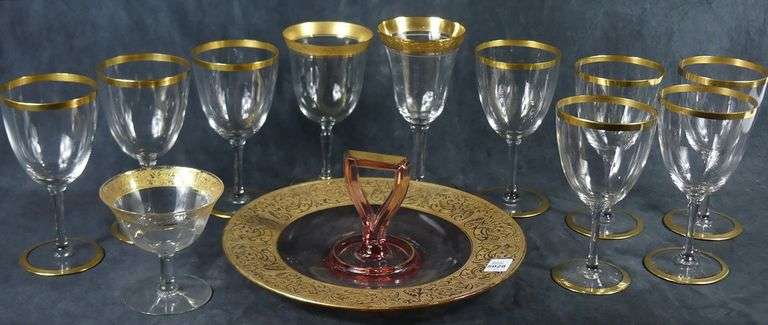 GOLD RIMMED STEMWARE & SERVING BOWL