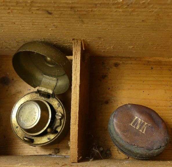 VINTAGE WOOD CRATE & INKWELLS