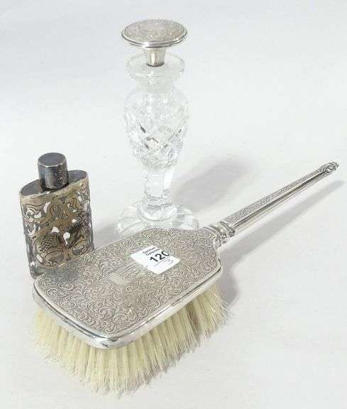 STERLING BRUSH AND TWO SCENT BOTTLES