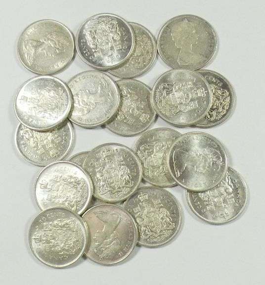19 CANADIAN SILVER 50-CENT COINS