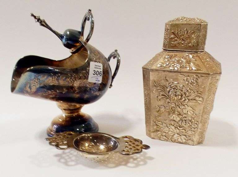 TEA CADDY, SUGAR HOD AND TEA STRAINER