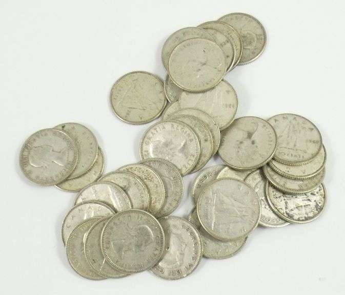 34 CANADIAN SILVER 10-CENT COINS