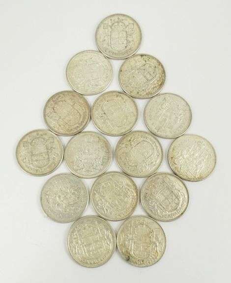 15 CANADIAN SILVER 50-CENT COINS