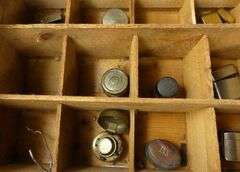 VINTAGE WOOD CRATE & INKWELLS