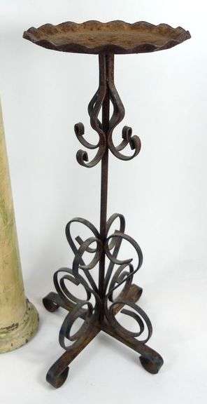 PAIR WROUGHT IRON PLANT STANDS & COLUMN