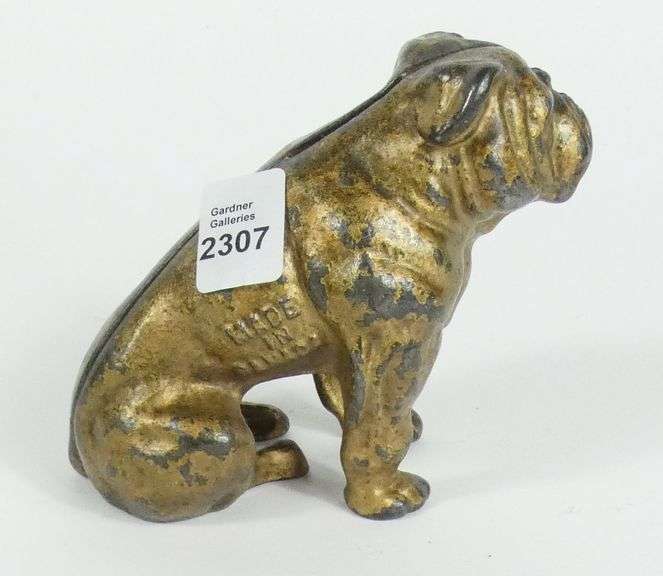 CAST IRON SEATED BULLDOG BANK