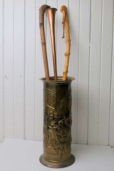 UMBRELLA STAND, WALKING STICKS AND HORN