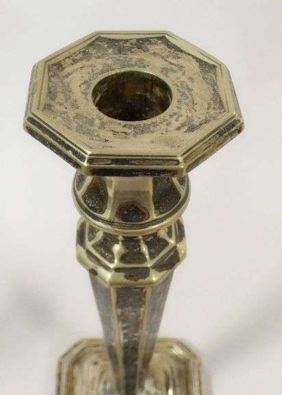 SILVER BOWL, CANDLESTICKS AND CRUMB SCOOP