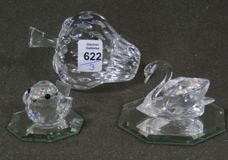 TWO SWAROVSKI FIGURINES AND WATERFORD PAPERWEIGHT
